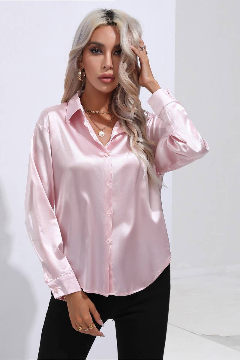 NINEXIS - Wholesale Button Down Shirt - Women's - CWTBLL0690_Button Down Silky Satin Long Sleeve Top21