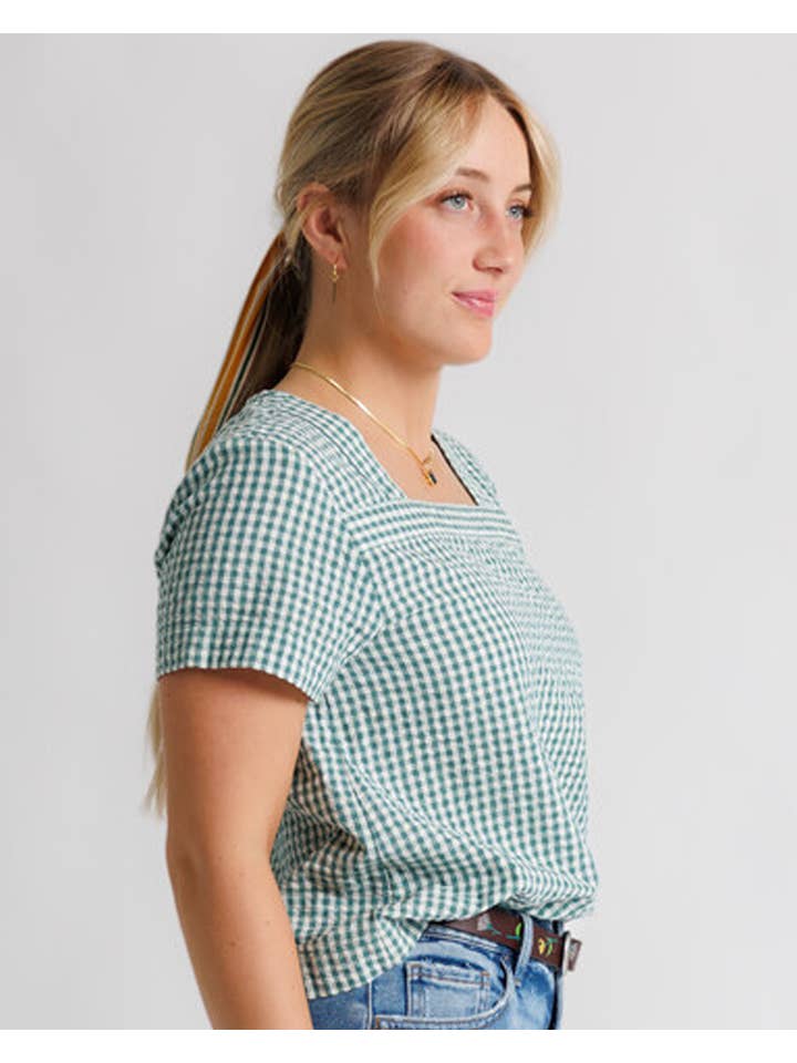 Carla Short Sleeve Gingham Blouse for wholesale on Faire