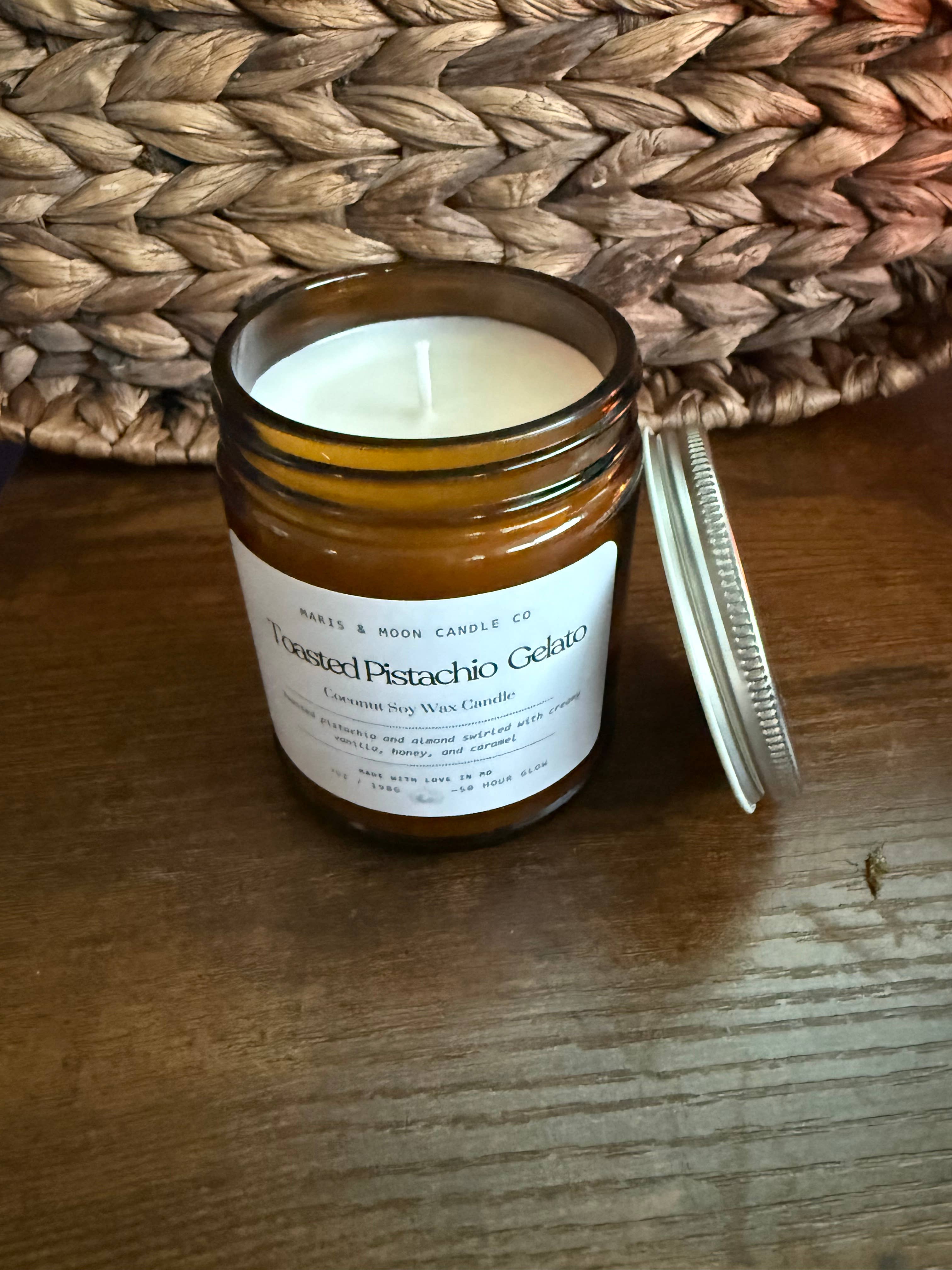 Maris & Moon Candle Co. - Wholesale Jar/Filled Candle - Toasted Pistachio Gelato candle Amber glass Fall5