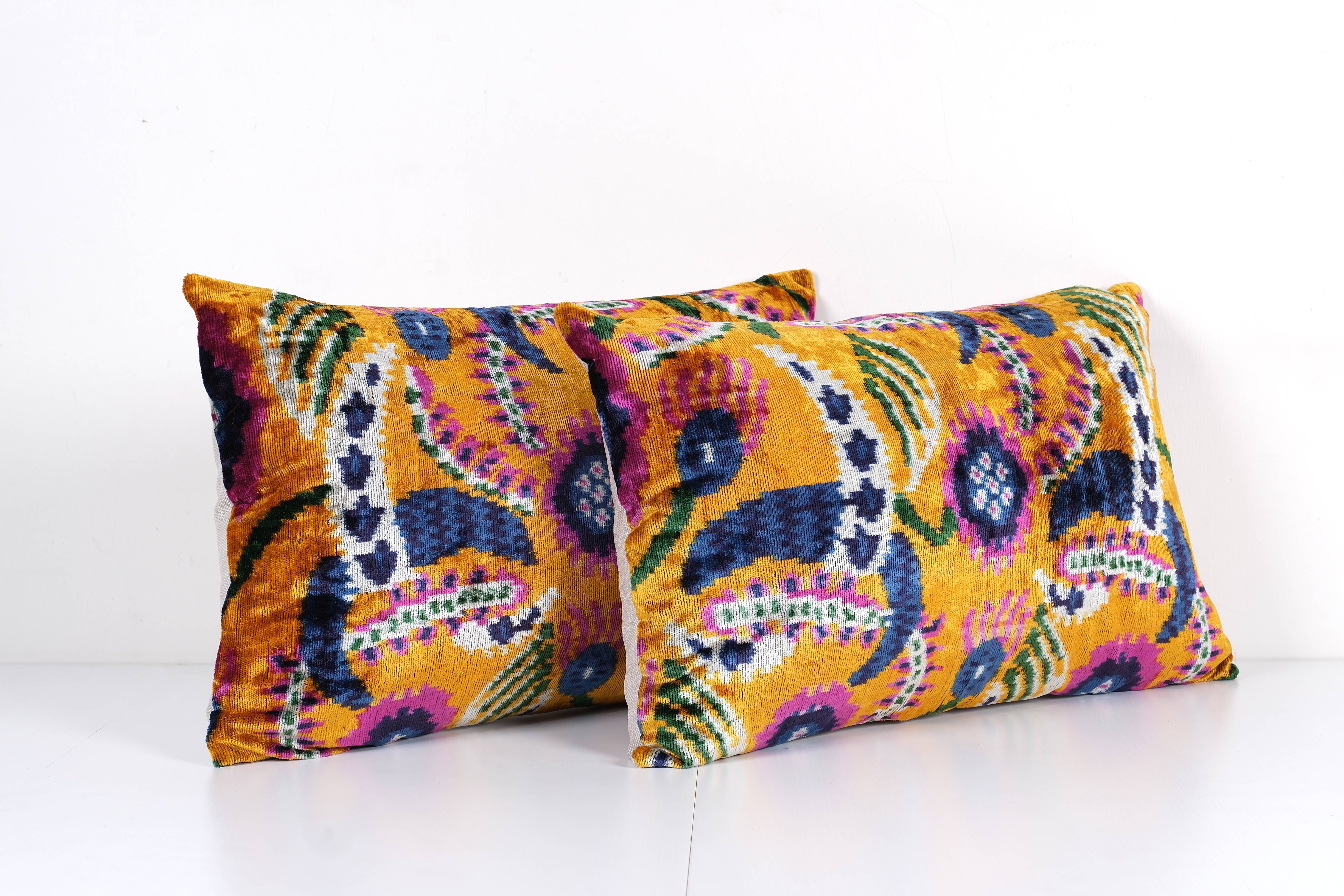 Vintage Pillows Store - Wholesale Lumbar Pillow - Orange Velvet Ikat Cushion - Pair Silk Floral Lumbar Pillow 1