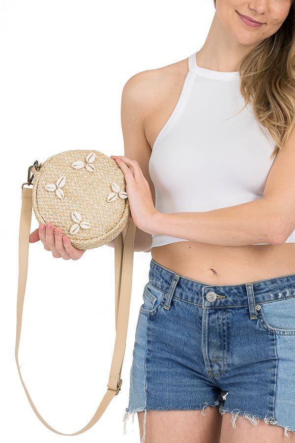 Cap Zone - Vendita all'ingrosso Borsa a tracolla - Donna - Borsa in vimini circolare all'uncinetto in paglia decorata con conchiglie7