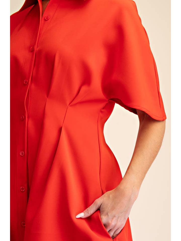 Glam - Wholesale Dress - Women's - Short-Sleeve Pleated Shirt Mini Dress13