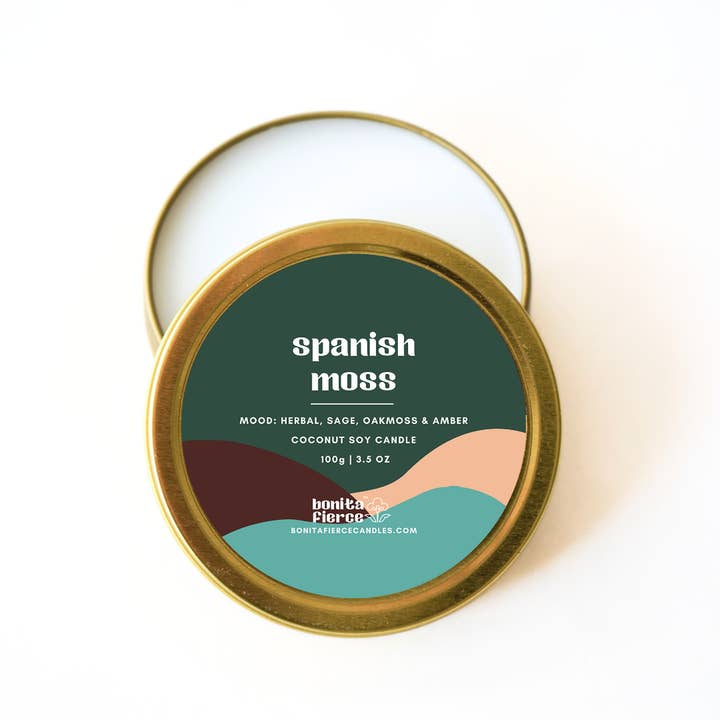 Bonita Fierce Candles - Wholesale Travel Candles - Spanish Moss Candle Tin | Herbal Sage, Oakmoss & Amber2