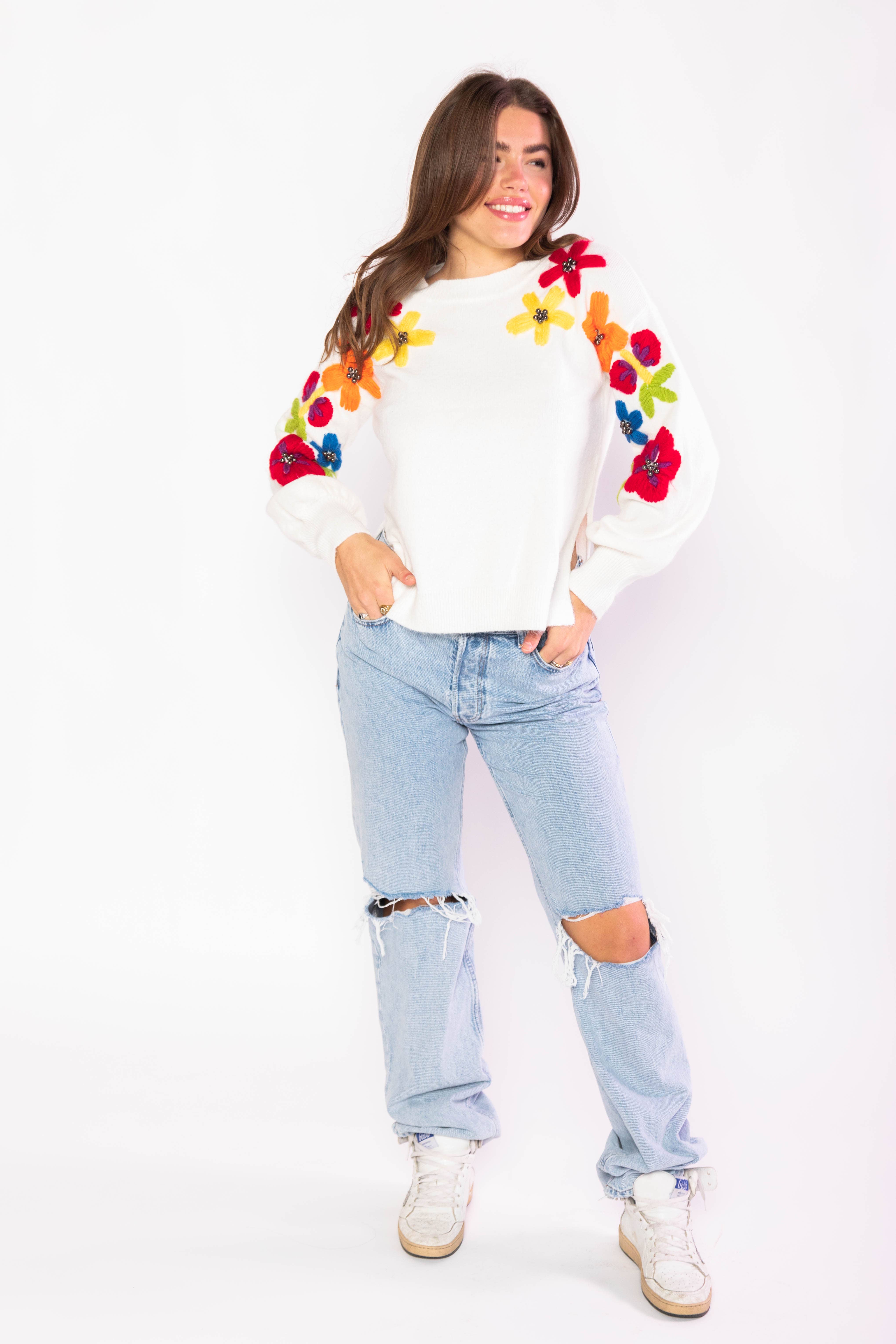 Molly Moran LLC - Wholesale Knit Sweater - Women's - Embroidered Floral Cream Sweater2