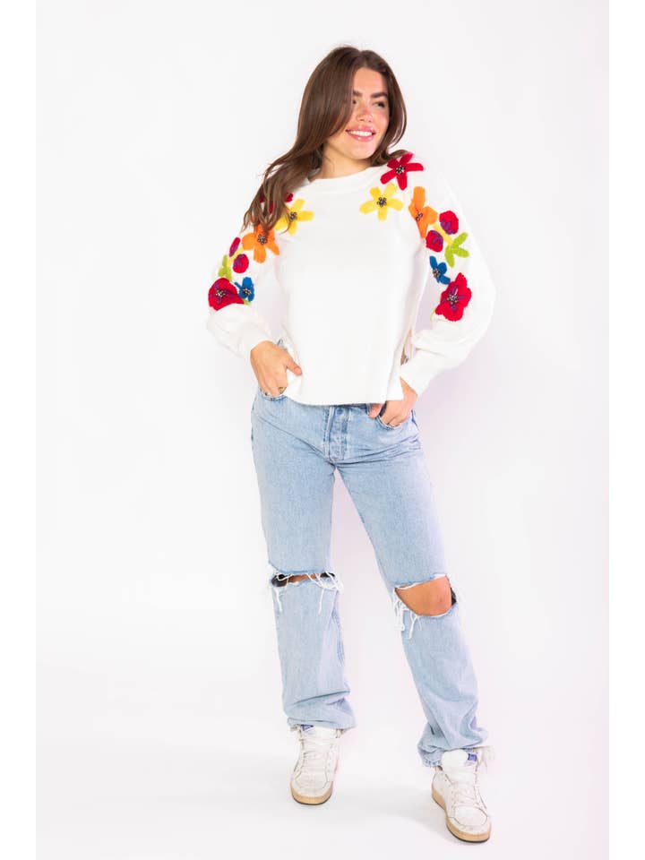 Molly Moran LLC - Wholesale Knit Sweater - Women's - Embroidered Floral Cream Sweater2