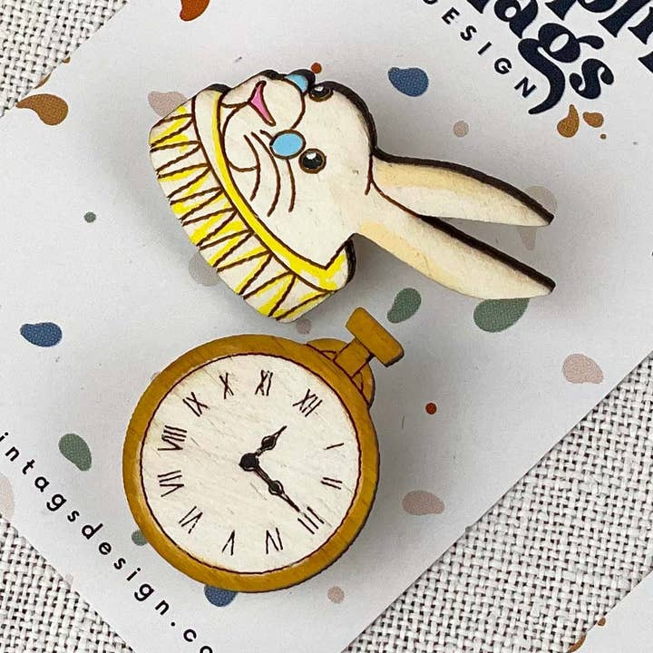 Pair of Brooches: White Rabbit for wholesale by Poppin' Tags Design