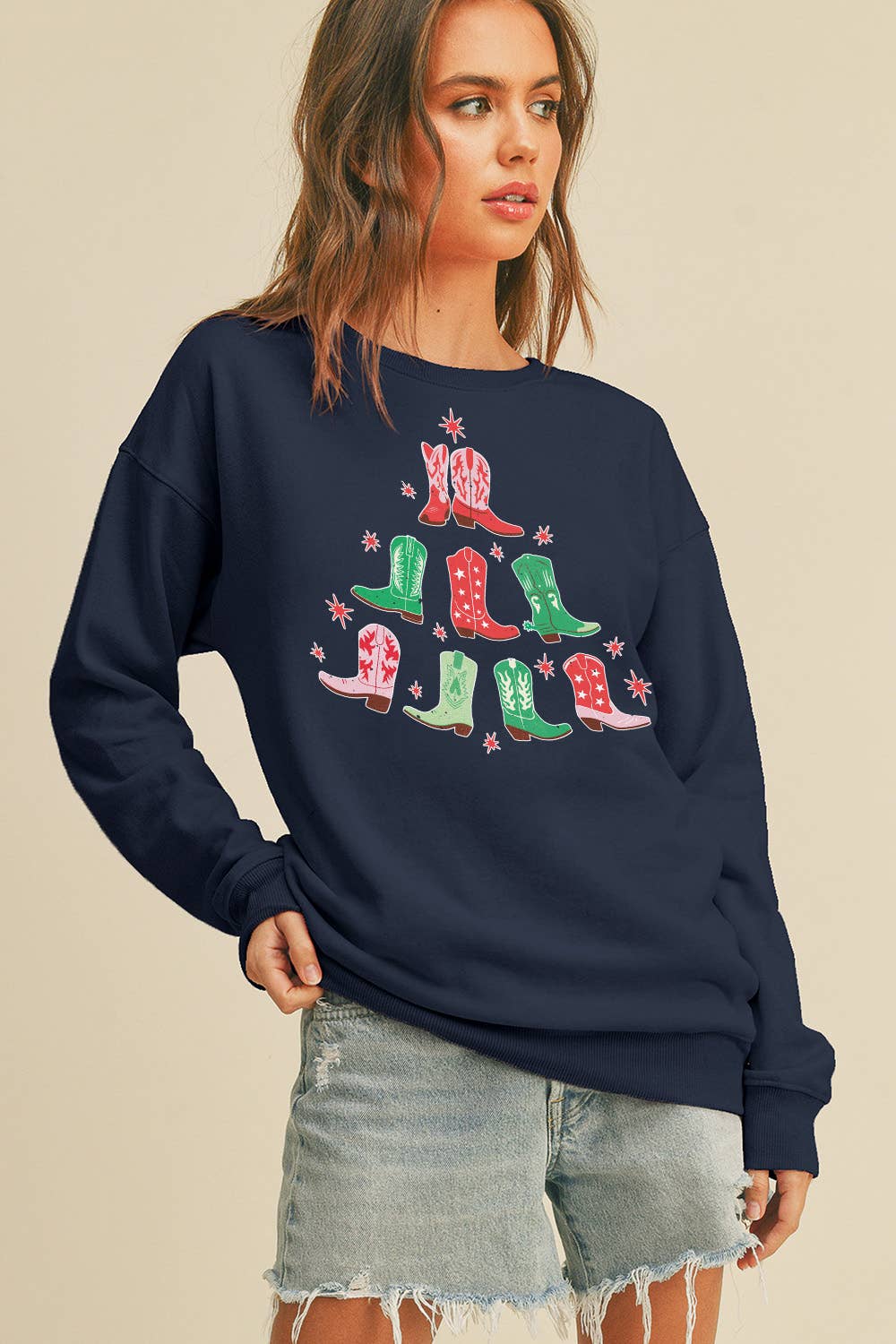 Honestee - Wholesale Sweatshirt - Women's - Cowboy Boots Christmas Tree Long Sleeve Sweatshirt5