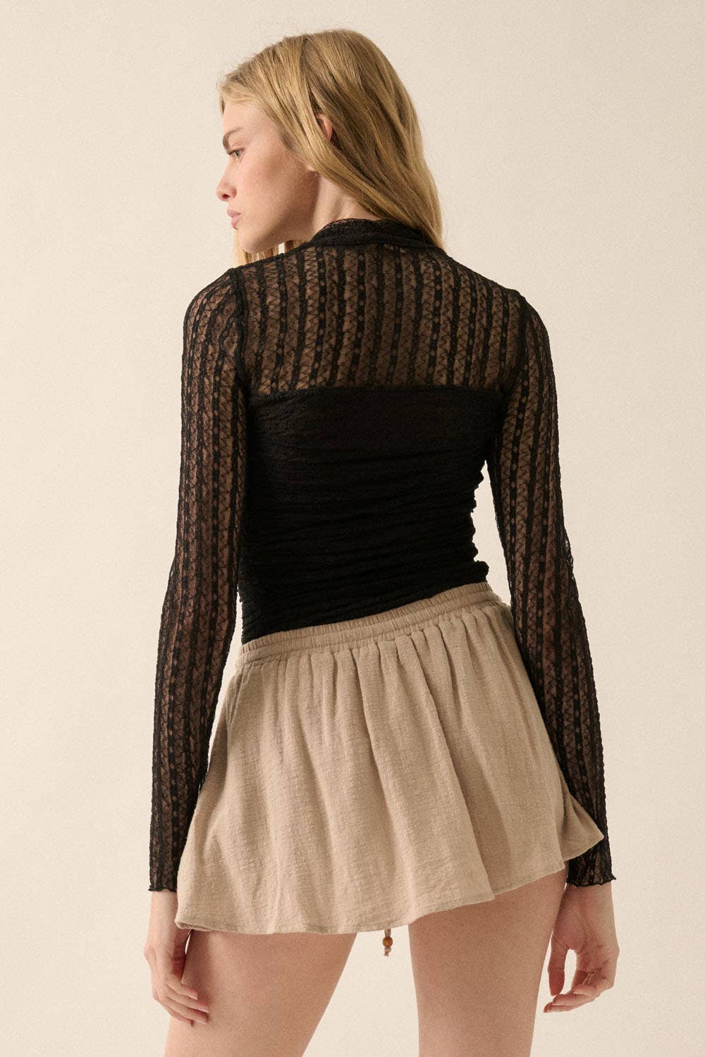 Promesa USA - Wholesale Bodysuit - Women's - Striped Floral Lace Ruched Mock-Neck Bodysuit20