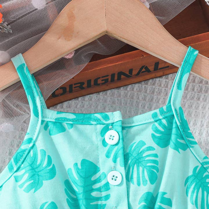 green 6M-4Y Toddler Girls Leaves Print Cami Rompers & Jumpsuit Wholesale Girls Clothes V3824051500016 for wholesale on Faire