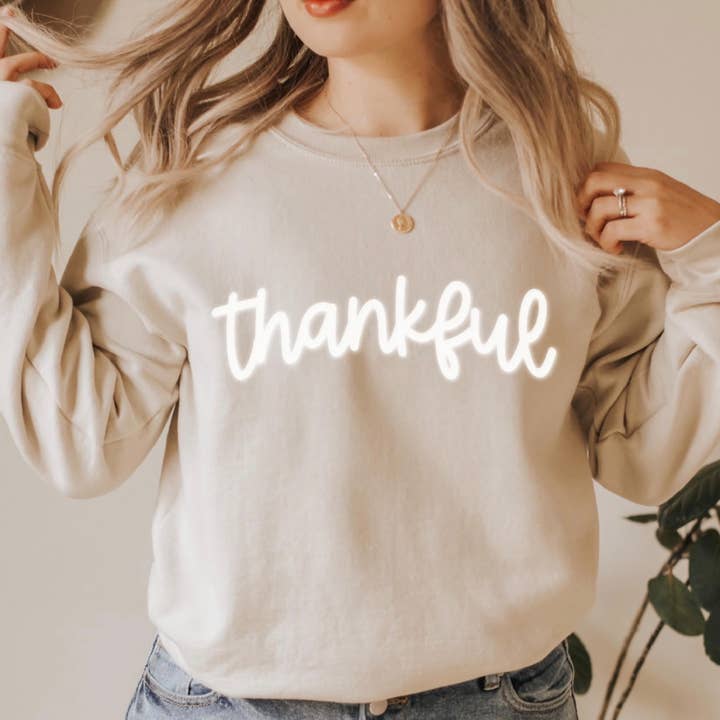 thankful Sweatshirt | Thanksgiving Puff Text Sweatshirt for wholesale by Three Girls Shop