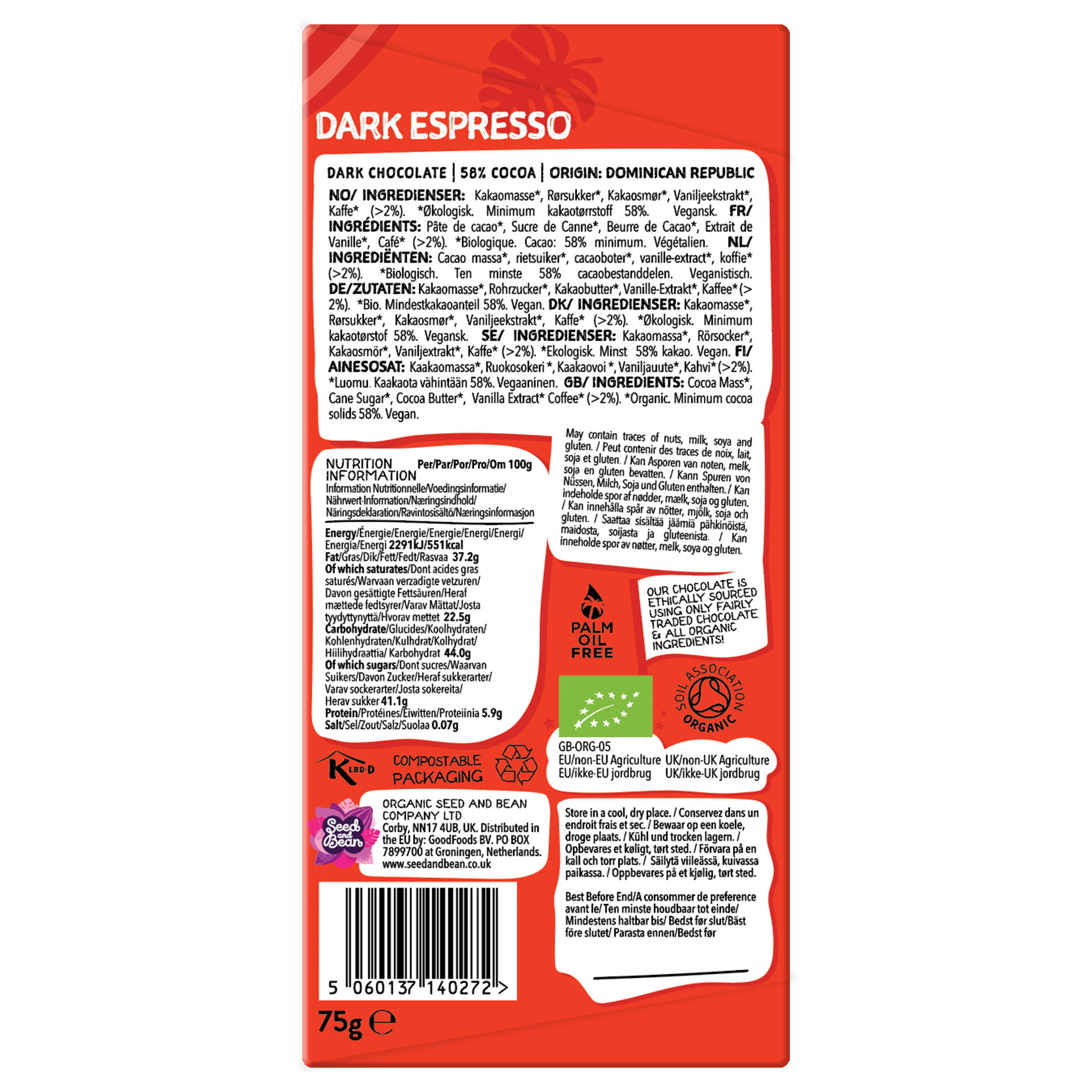 Seed & Bean  [No duties when shipping to US!] – wholesale Chocolate bar – DARK ESPRESSO DARK VEGAN CHOCOLATE 75G BAR (58% COCOA)3