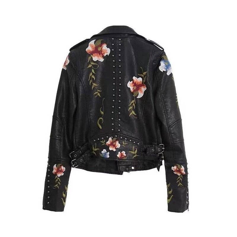 FurDecoration - Wholesale Leather Jacket - Women's - Fashionable Embroidered Rivet Short PU Leather Jacket2