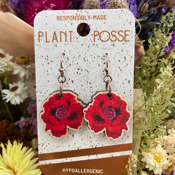 Oriental Red Poppies Dangle Earrings for wholesale by Plant Posse