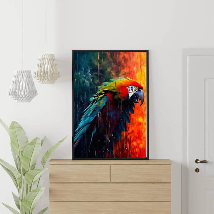 Impression d'art de perroquet dégoulinant pour la vente par Suave Art Prints