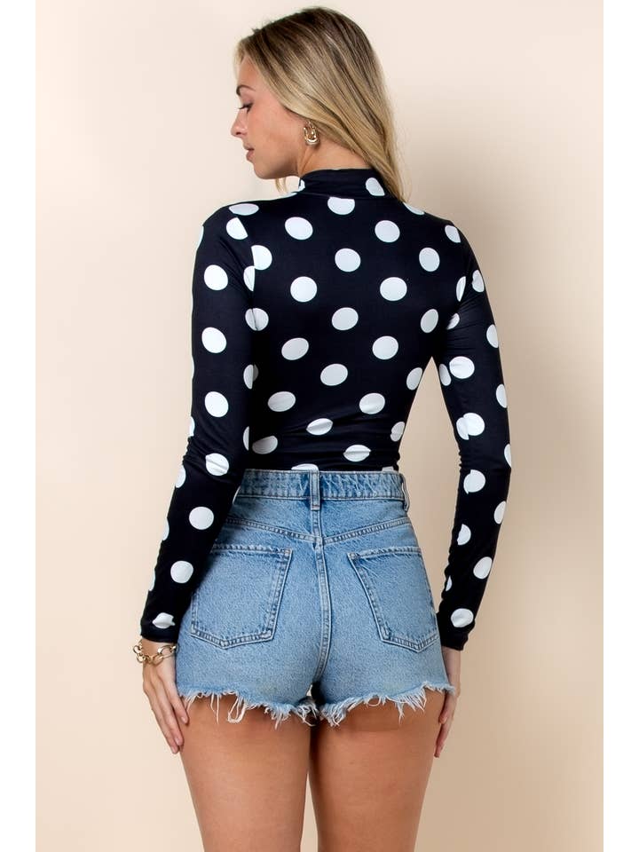 Nylon Apparel - Wholesale Bodysuit - Women's - T289D-5478-Lidia Small Polka Dot Print Mock Neck Bodysuit2