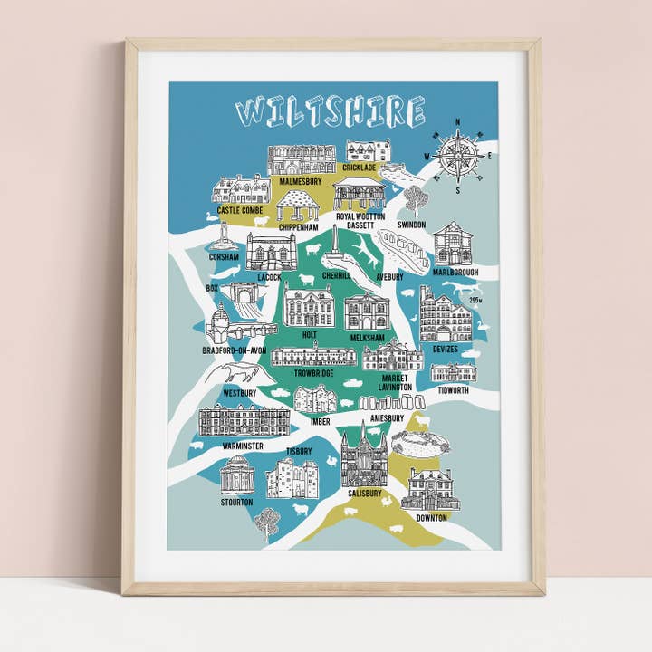 Wiltshire Map Print for wholesale by Bea Baranowska Illustration