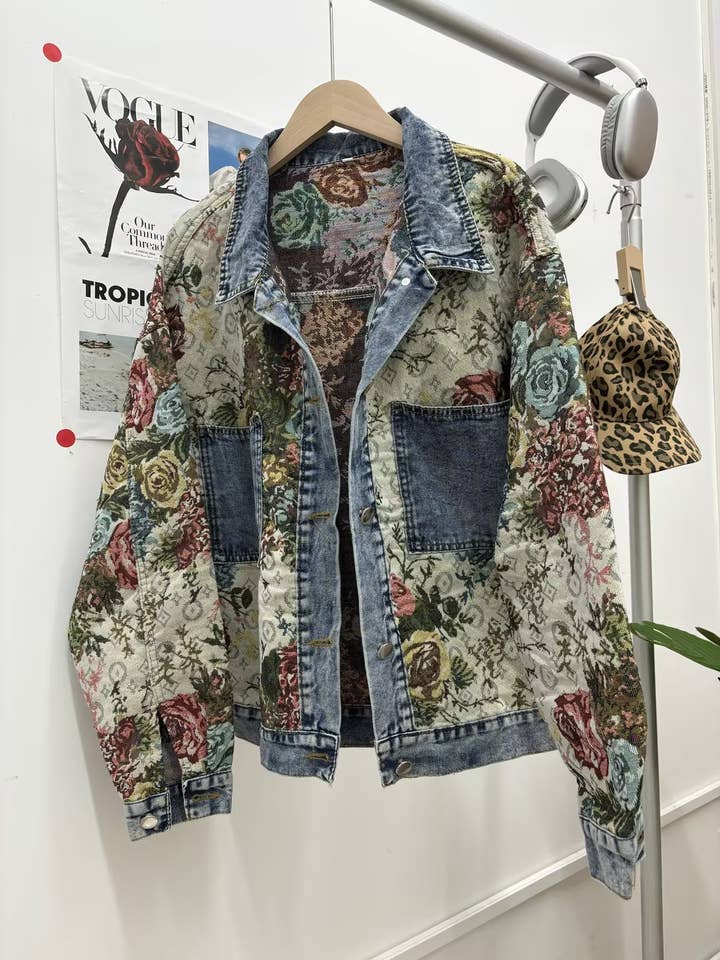 BLUE Floral Denim Jacket for wholesale on Faire
