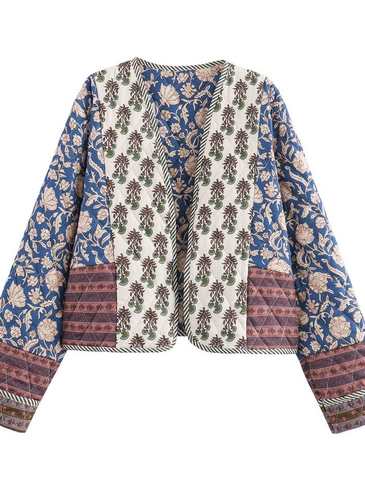 Cottagecore Floral Block V-neck Cropped Quilted jacket for wholesale on Faire