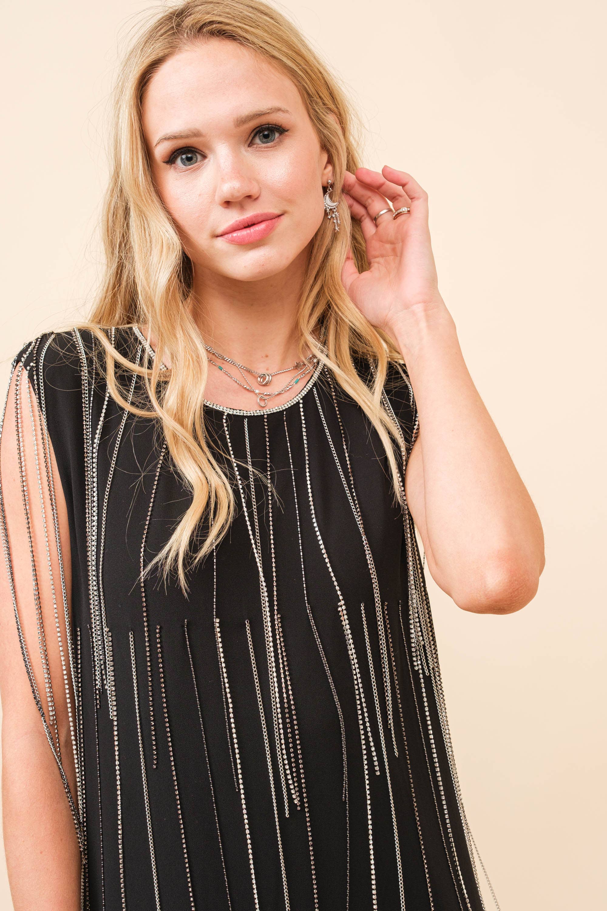 BLACK 22973D - Chain Rhinestone Fringe Shift Mni Dress for wholesale on Faire5