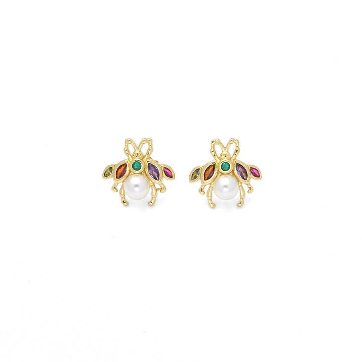 Multicolor CZ Pearl Bee Stud Earrings, Sku#LK863 for wholesale by BestBeads&Beyond