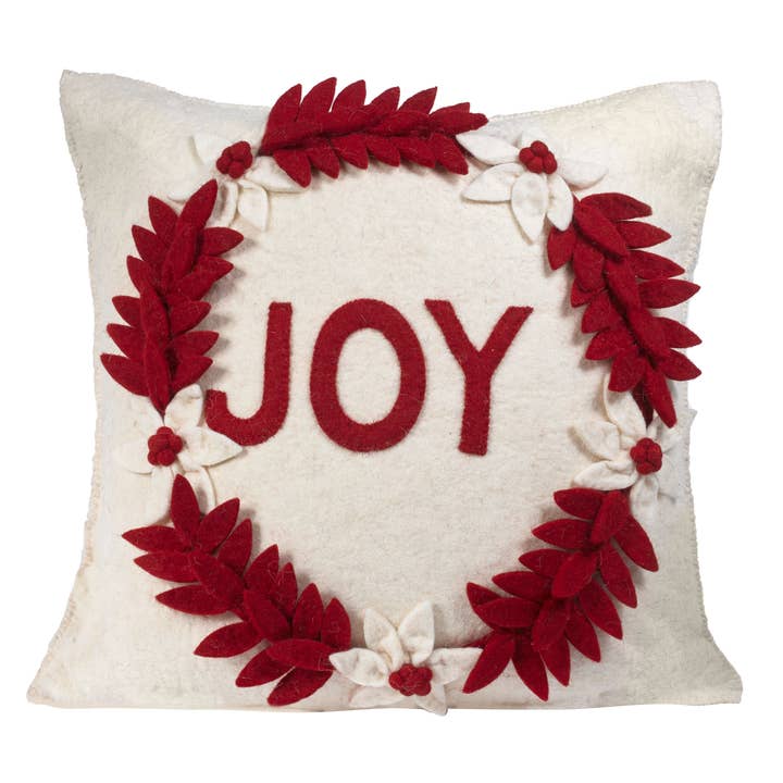 Oreiller de Noël en laine feutrée à la main - JOIE sur crème - 20 pour la vente par Arcadia Home