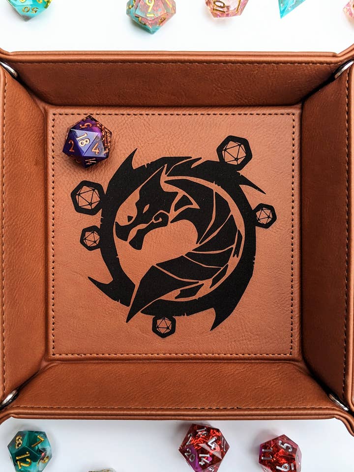 The Waiting Wyvern - Vegan Leather Dice Rolling Tray for wholesale by Emberglow Gaming