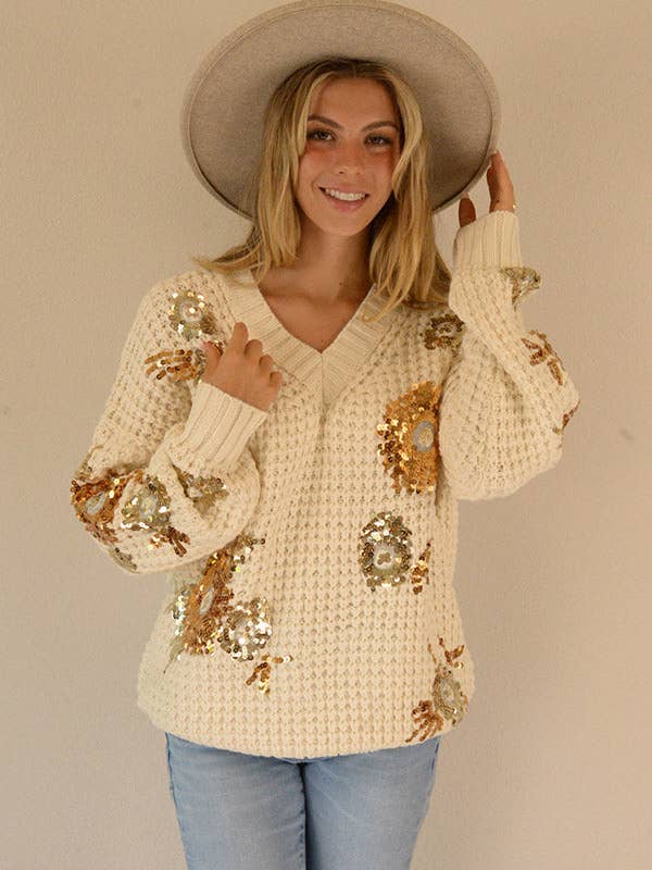 Ambiente - Wholesale Knit Sweater - Women's - V-NECK TEXTURED SWEATER WITH SEQUIN APPLIQUES - W2309JO279185