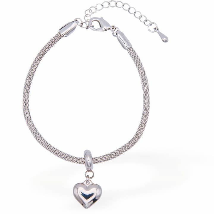Rope Chain Extendable Bracelet with Delicate Heart Drop, Rhodium Plated for wholesale by Byzantium Collection Ltd