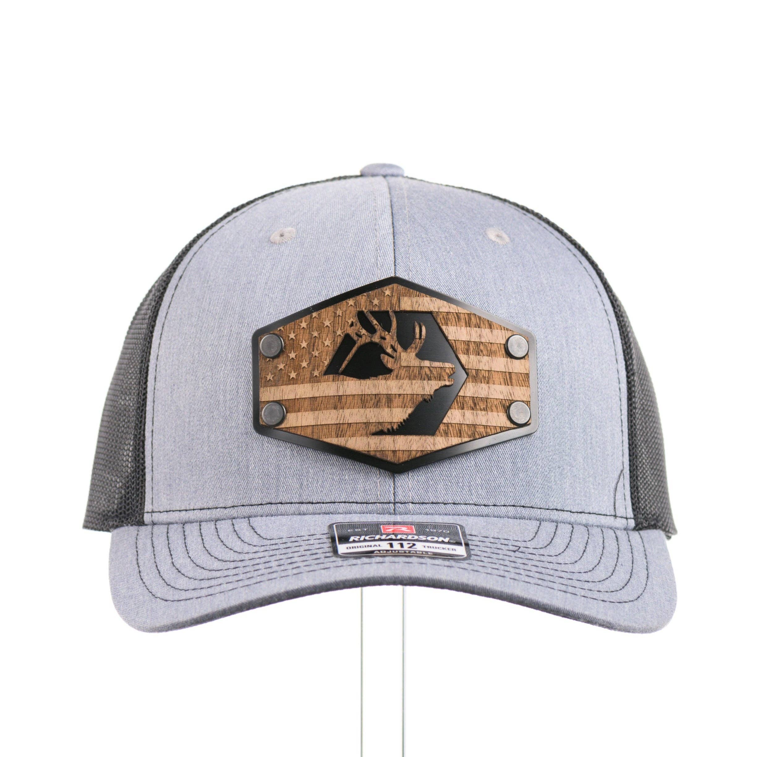 Walnut Wood Elk American Flag Patch Trucker Hat for wholesale by Last Best Supply Co