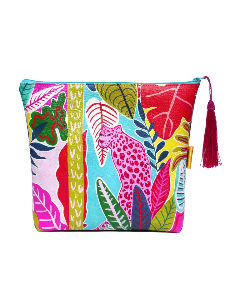 Pink panther vegan leather cosmetic bag for wholesale by Lousurfacepattern