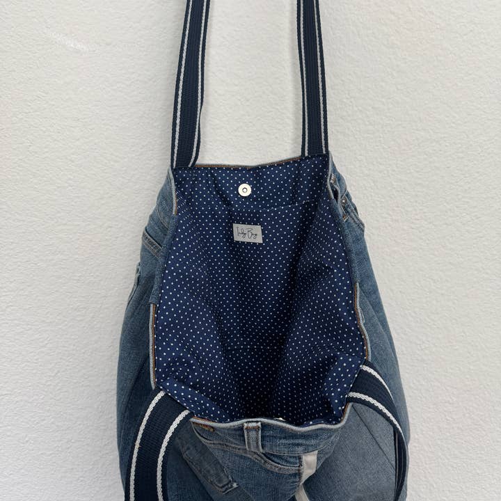 Indigo Bags - Wholesale Tote Bag - Women's - 7FAM Upcycled Premium Denim Tote Bag w/ stripe - blue dot1
