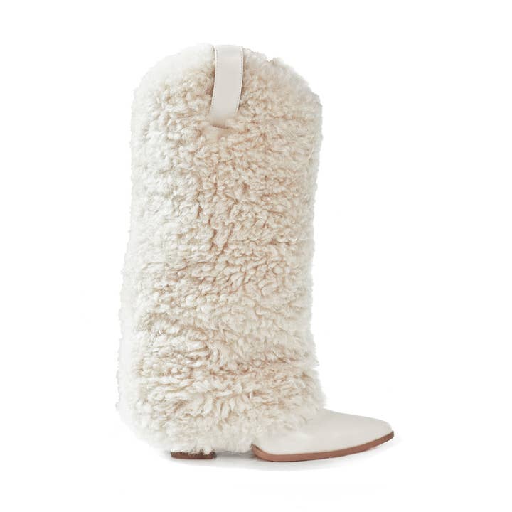 BOTTES DE COWBOY À BOUT POINTU COLEEN-4 EN FAUSSE FOURRURE - CRÈME pour la vente par Liliana Shoes