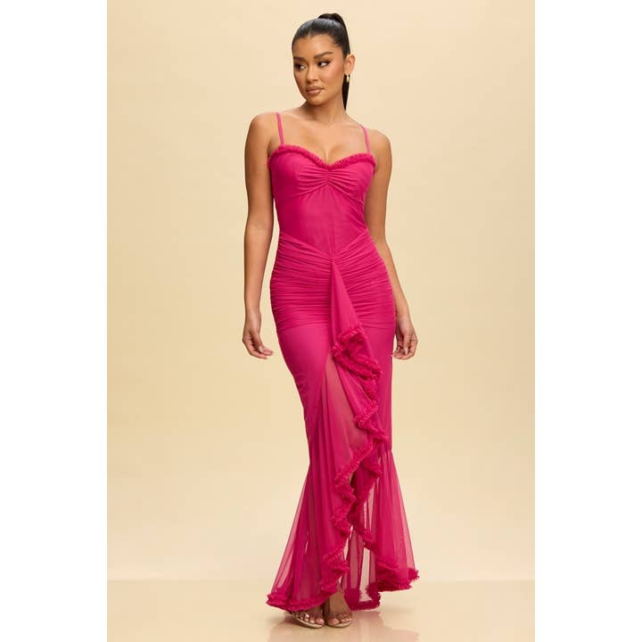 SHIRRED MESH RUFFLE MAXI DRESS for wholesale by Luxxel