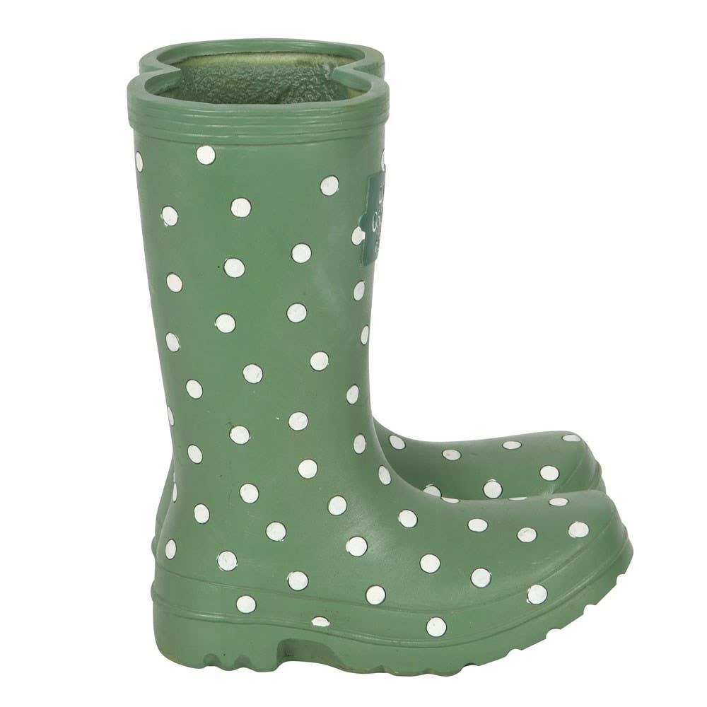 Something Different Wholesale – Großhandel Blumentopf – Hellgrüne Gummistiefel-Blumentopf mit weißen Punkten2