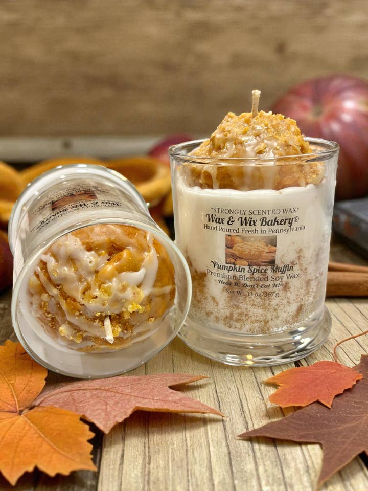 Pumpkin Spice Muffin Candle. 13 oz. Large Soy Dessert Candle for wholesale by Wax and Wix Bakery®