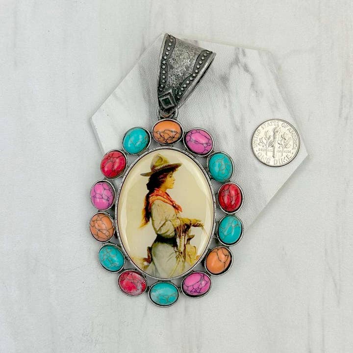 PD231210SL-61 silver metal with muti stone oval cowgirl Pendent for wholesale by Western Elite Jewelry
