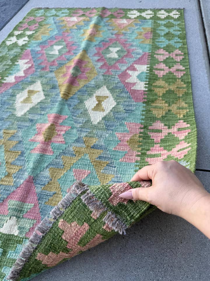 3x5 (91x152) Handmade Afghan Kilim Rug | Forest Moss Olive Green Teal Denim Baby Blue Baby Blush Pink Cream White | Wool Flataweave Modern for wholesale by The Rug Mine