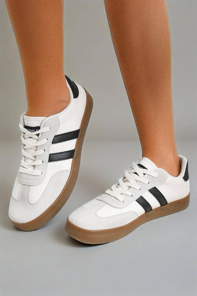 White Casual Striped Lace-Up Flat Sneakers for Women for wholesale on Faire1