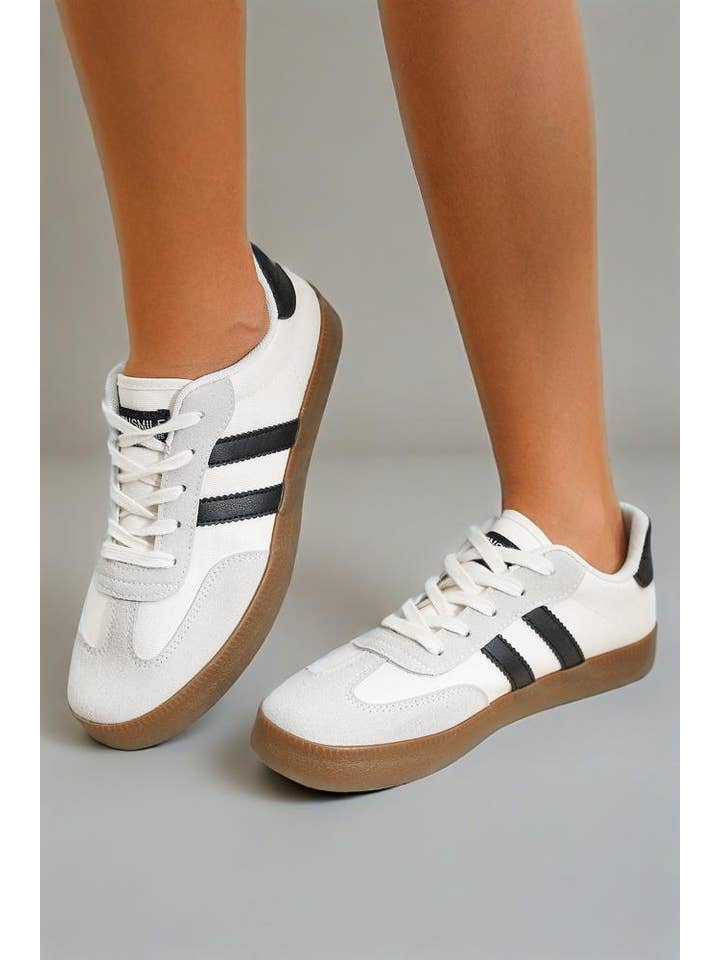 White Casual Striped Lace-Up Flat Sneakers for Women for wholesale on Faire1
