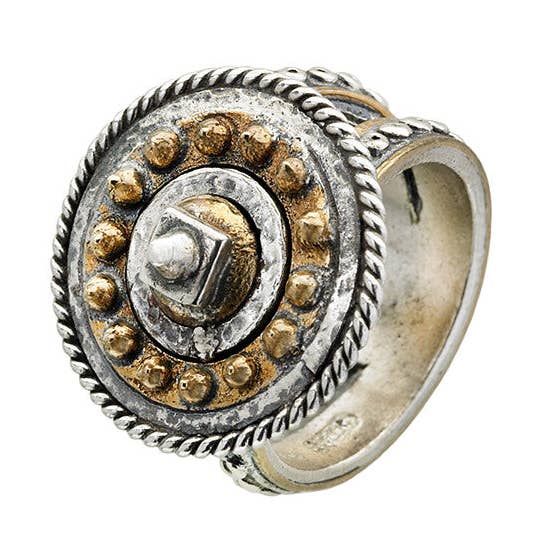 Anillo de plata de ley y bronce con el templo del loto de Borobudur para venta al por mayor de Cynthia Gale New York