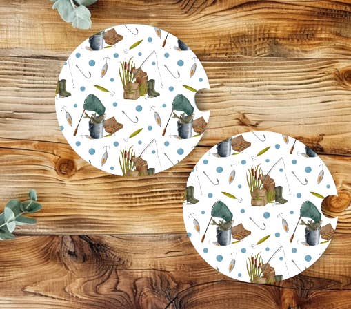 Prairie Chicken Sticker Shop & Gifts - Vendita all'ingrosso Sottobicchiere per auto - Unisex - Set di sottobicchieri per auto in neoprene con esche e canne da pesca