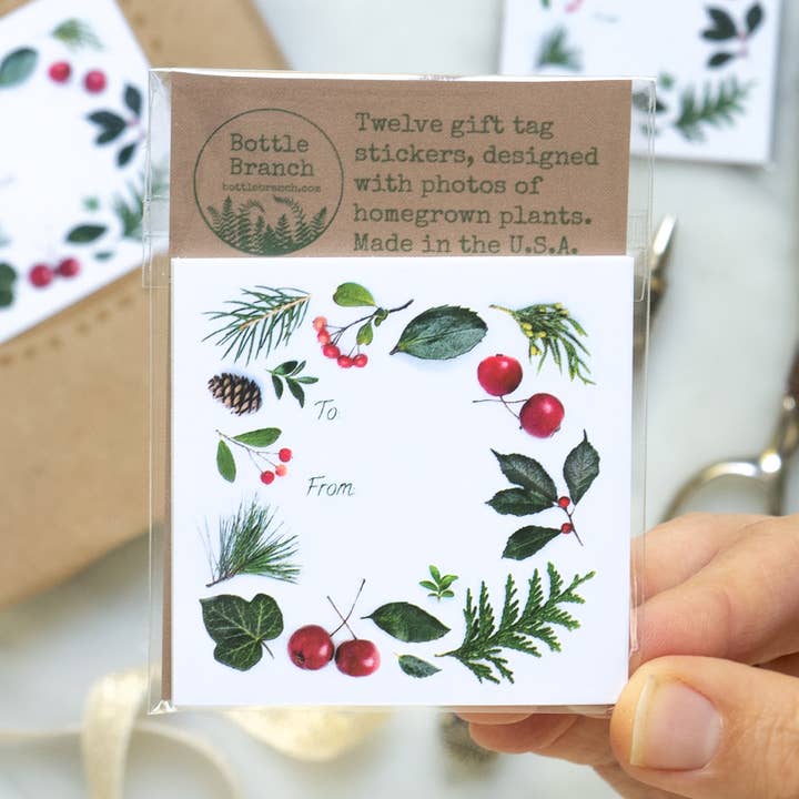Sticker gift tags - evergreens and berries for wholesale by Bottle Branch