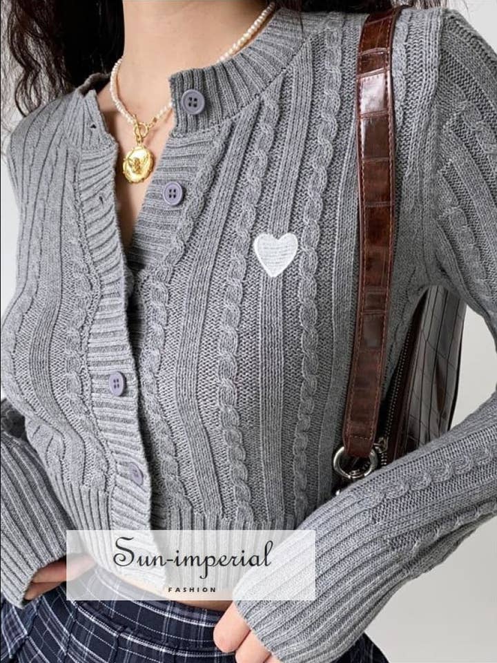 Women Dark Grey Cable Knitted Cardigan With White Heart for wholesale by Sun Imperial