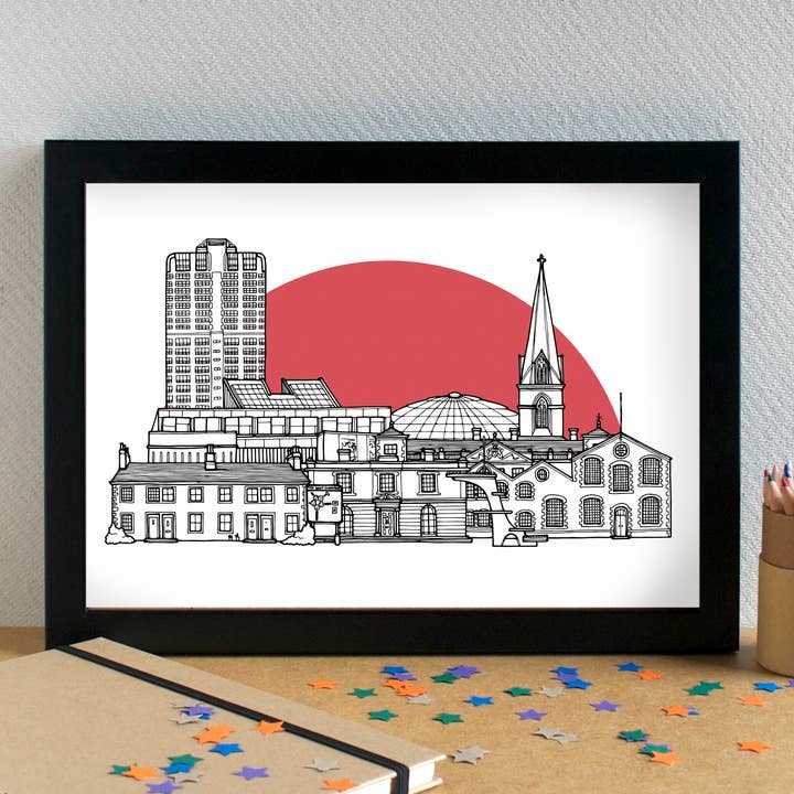 Swindon Skyline Landmarks Art Print - unframed for wholesale by Becka Griffin Illustration