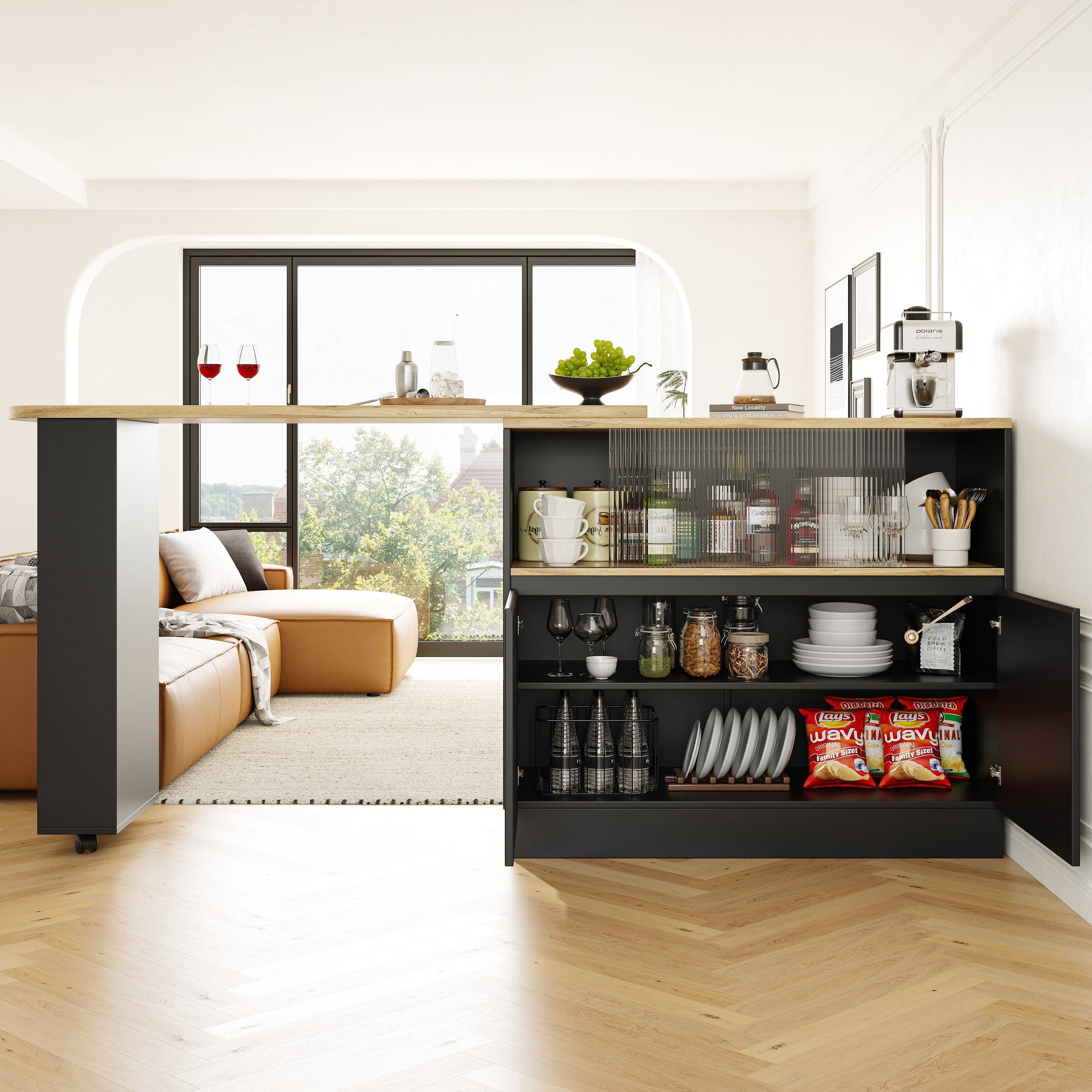 Urban Meuble - Wholesale Sideboard - Wood-effect and black bar table with 360° swivel storage and corrugated glass TINPLATE7