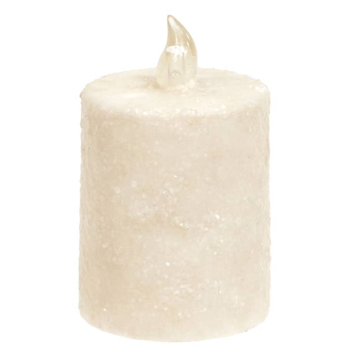 Warm Glow White Glitter Flicker Flame Timer Pillar, 3" for wholesale by The Hearthside Collection