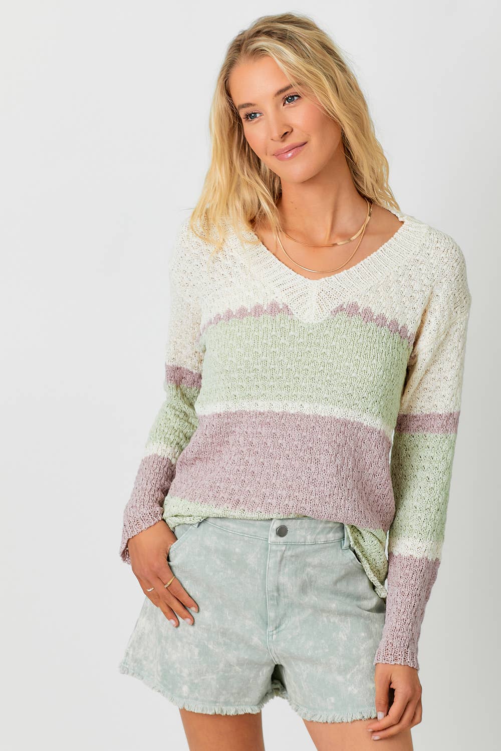 Marfil/Rosa 57462 Jersey con cuello en V de rayas múltiples de venta al por mayor en Faire4