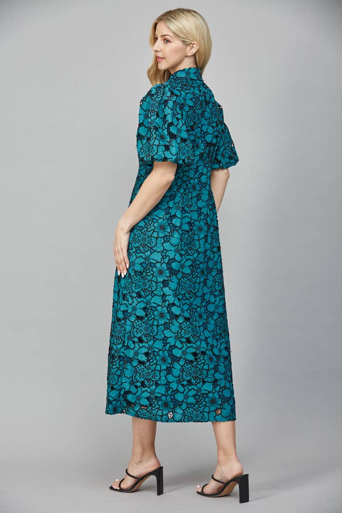 FATE - Wholesale Dress - Women's - PLEATED WAIST HALF BUTTON DETAIL EYELET LACE DRESS FD3546315