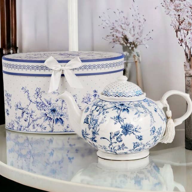 STP - Wholesale Tea Pot - Vintage Blue Flowers Bone China Teapot in Gift Box