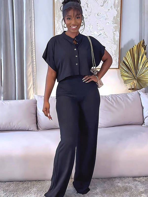 Aria Romance - Wholesale Top & Pant Set (NOT Loungewear) - Women's - Short Cardigan Blouse & Solid Color Straight Leg Trousers: Casual Two-Piece Set